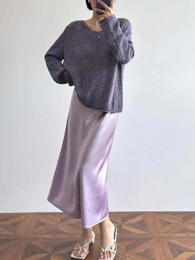 Satin Long Skirt - High Waist A-Line Black