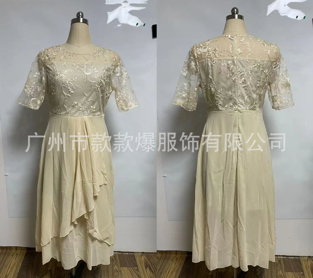 Vestido Midi Elegante Mujer Asimétrico Encaje Chifón Banquete