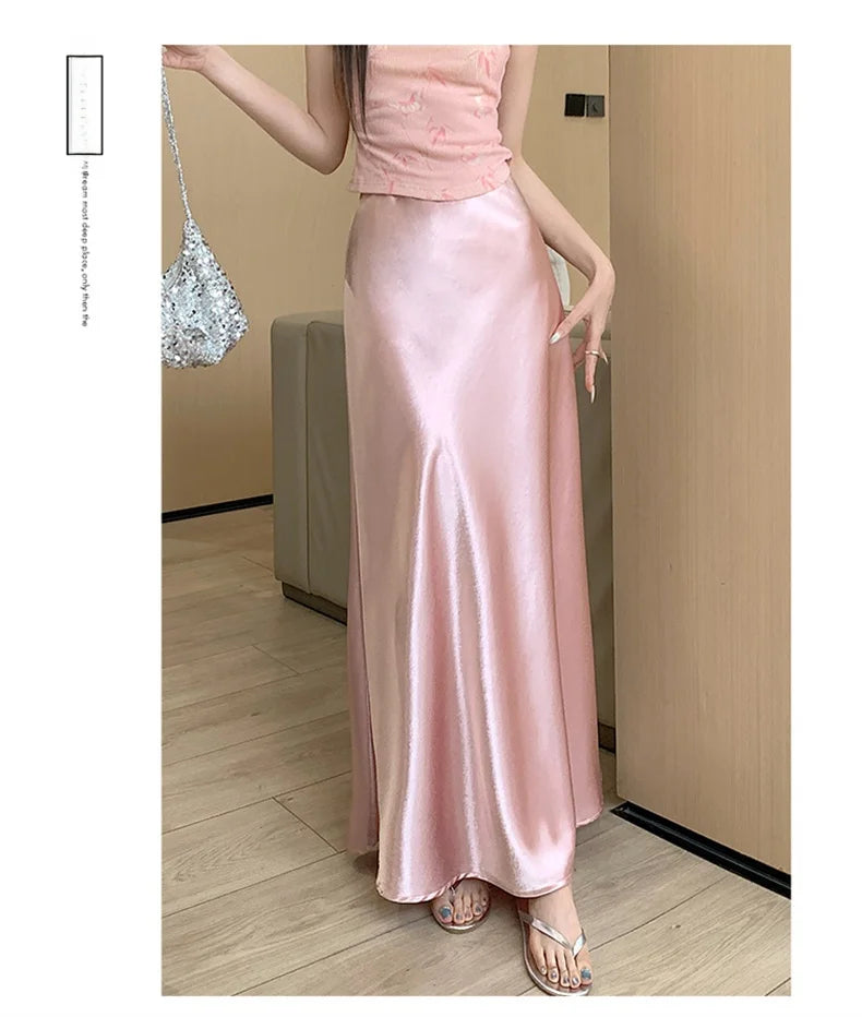 Pink Satin Midi Skirt - High Waist Fishtail Wrap