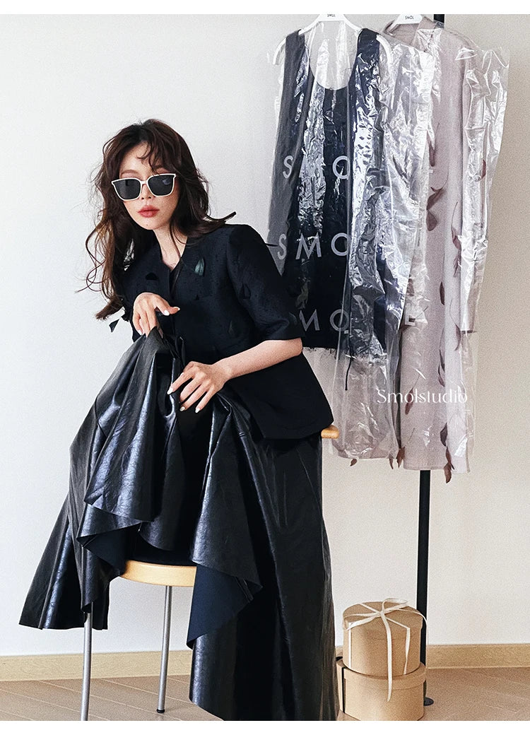 PU Leather Maxi Skirt - High Waist Pleated Black