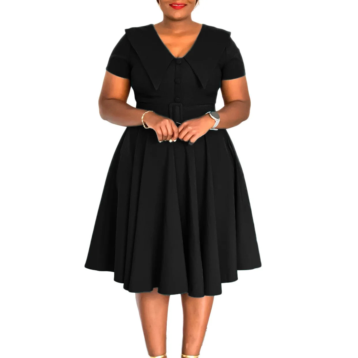 Office Dress - Turn Down Collar Pleated Midi