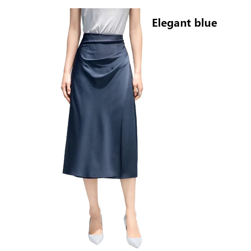 Satin Pleated Midi Skirt - French Simple