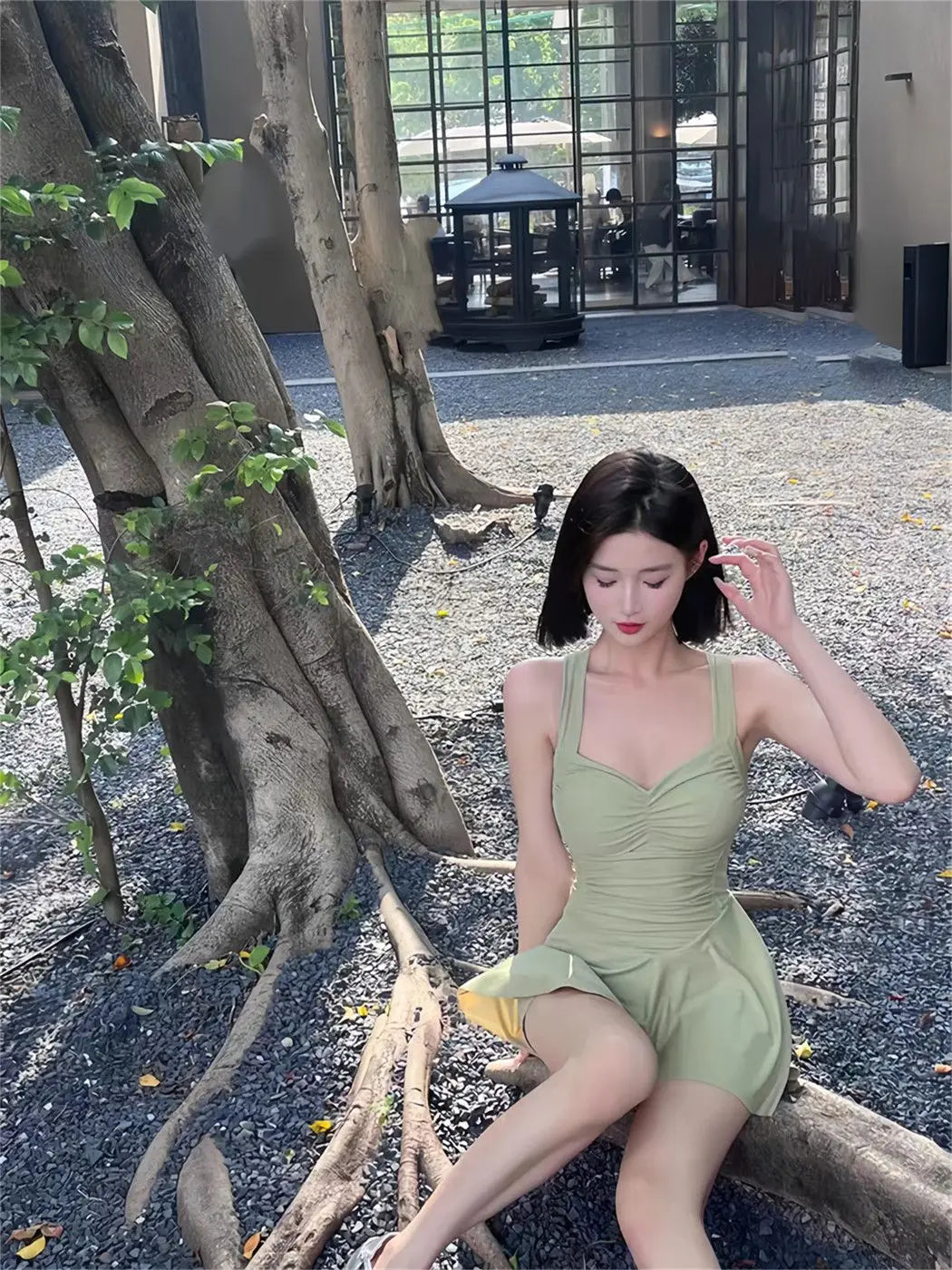 Swim Dress - One Piece Conservative Waist Gathering