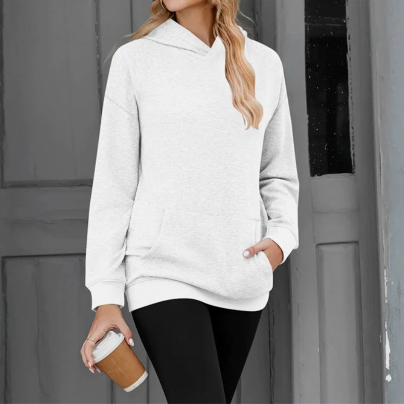 Polerón Mujer Capucha Manga Caída Color Sólido Bolsillos