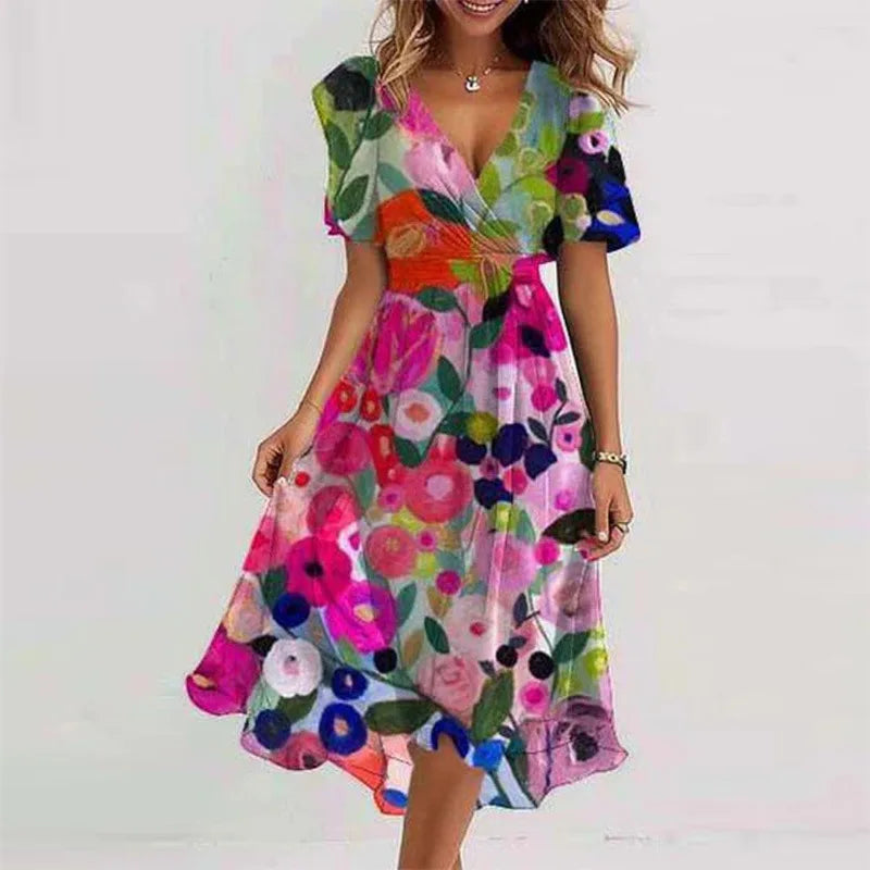 Elegant Women's Spring And Summer Short Sleeved Loose A-line Dress Women's Casual V-neck Floral Print Beach Style Dresses Midi