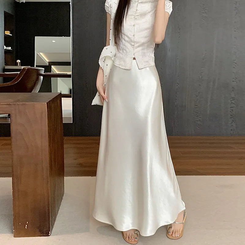 Pink Satin Midi Skirt - High Waist Fishtail Wrap