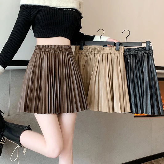 Minifalda Cuero Plisada Vintage - Cintura Alta Skater Otoño