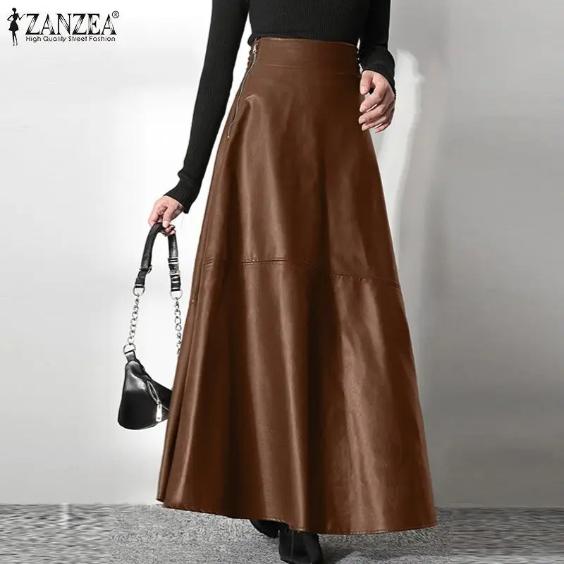 PU Leather Maxi Skirt - High Waist Zipper Style B