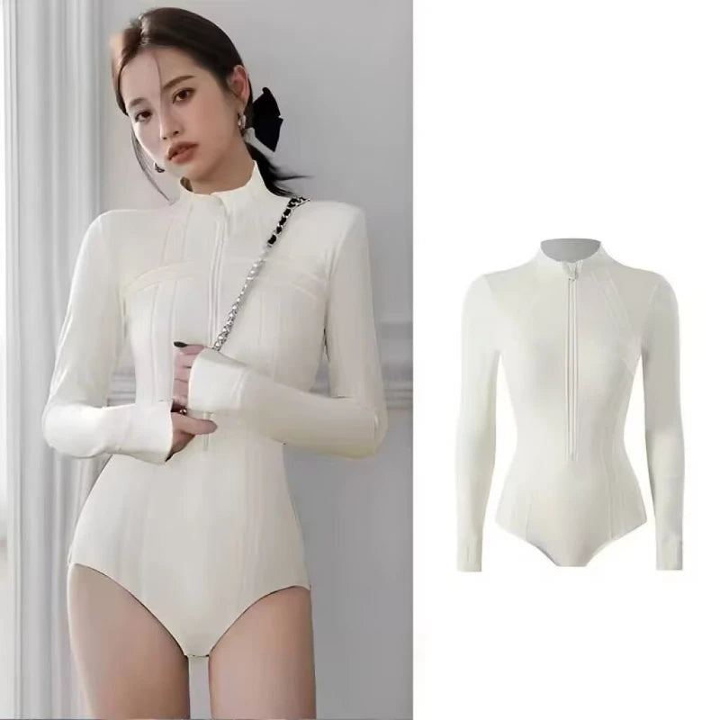 Women's Surfing Diving Swimwear Neoprene Keep Warm Split Wetsuit Long Sleeve Snorkeling Scuba Dive Suit Pink White Swimsuit