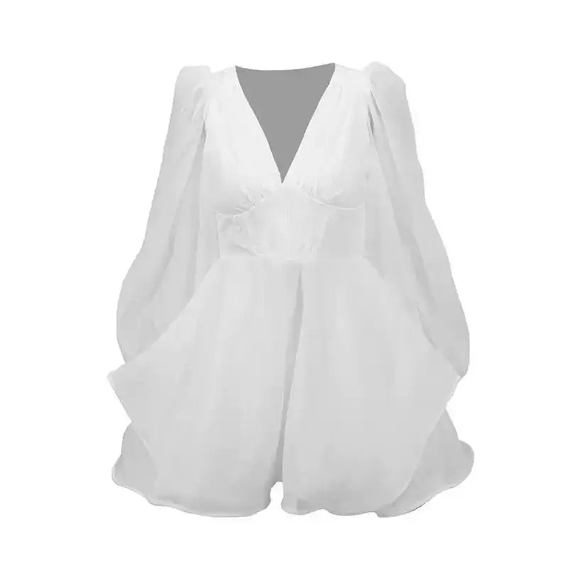 Vestido Mini Blanco - Manga Farol Cuello V Sexy