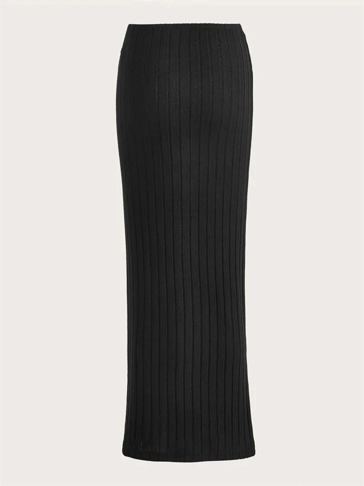 Ribbed Knit Pencil Skirt - High Waist Long