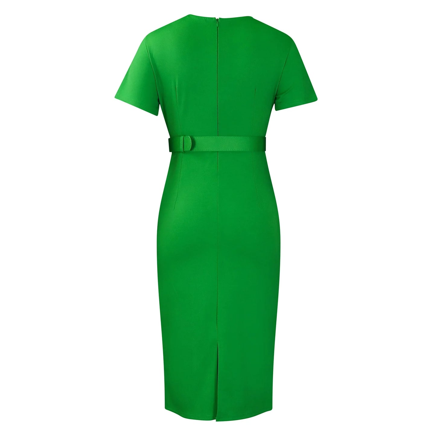 Office Dress - V Neck Belt Pleated Midi