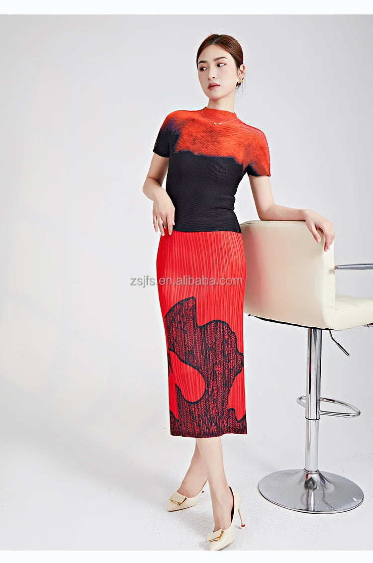 Pleated Pencil Midi Skirt - High Waist Print