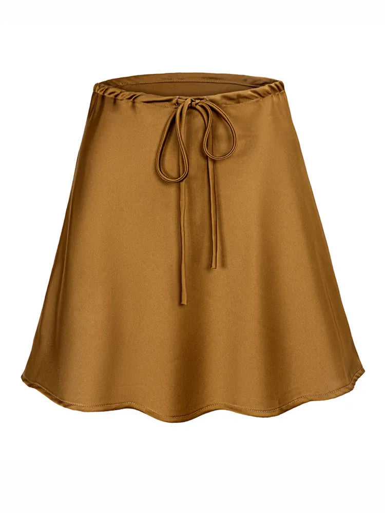 Satin Mini Skirt - Drawstring High Waist A-Line