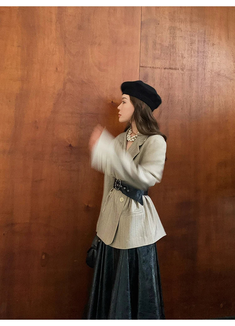 PU Leather Maxi Skirt - High Waist Pleated Black