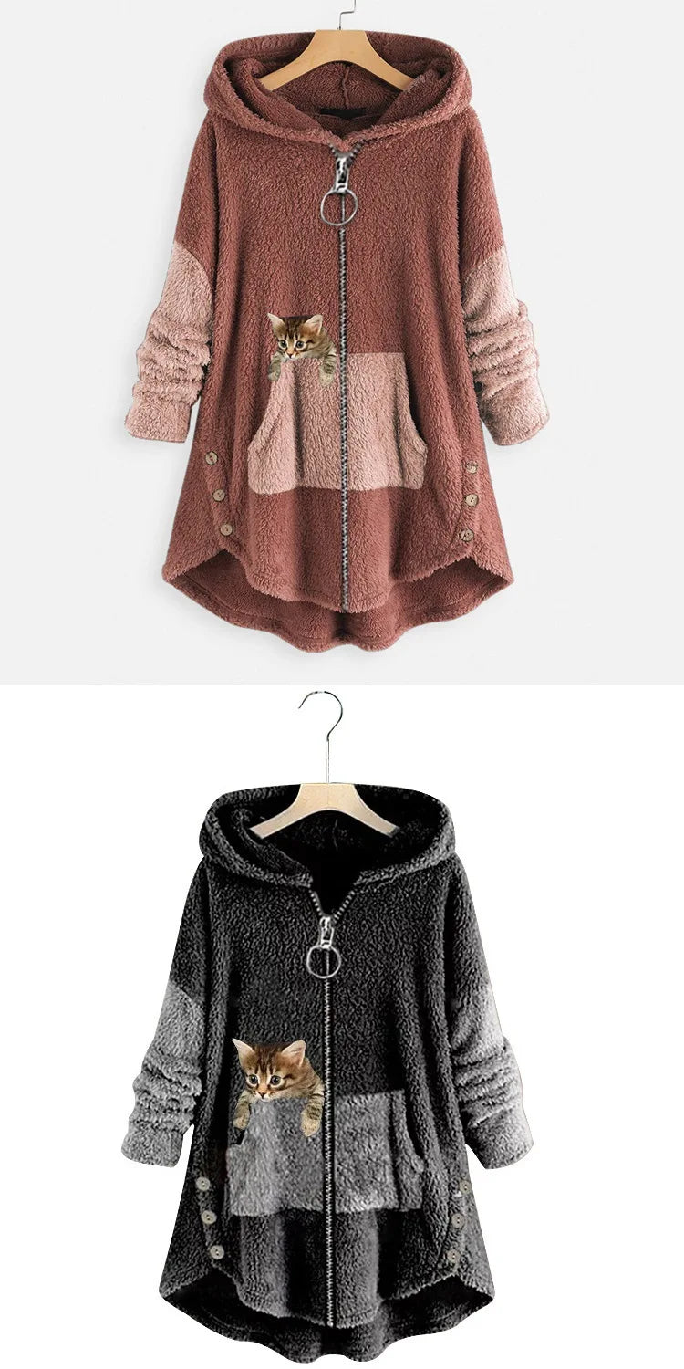 Chaqueta con Capucha Cremallera Mujer Estampado Gato Grueso