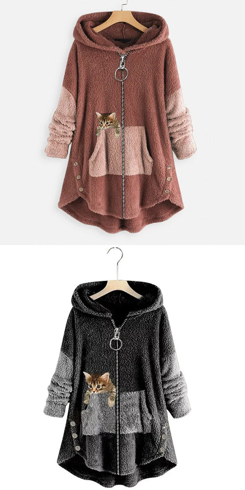 Chaqueta con Capucha Cremallera Mujer Estampado Gato Grueso