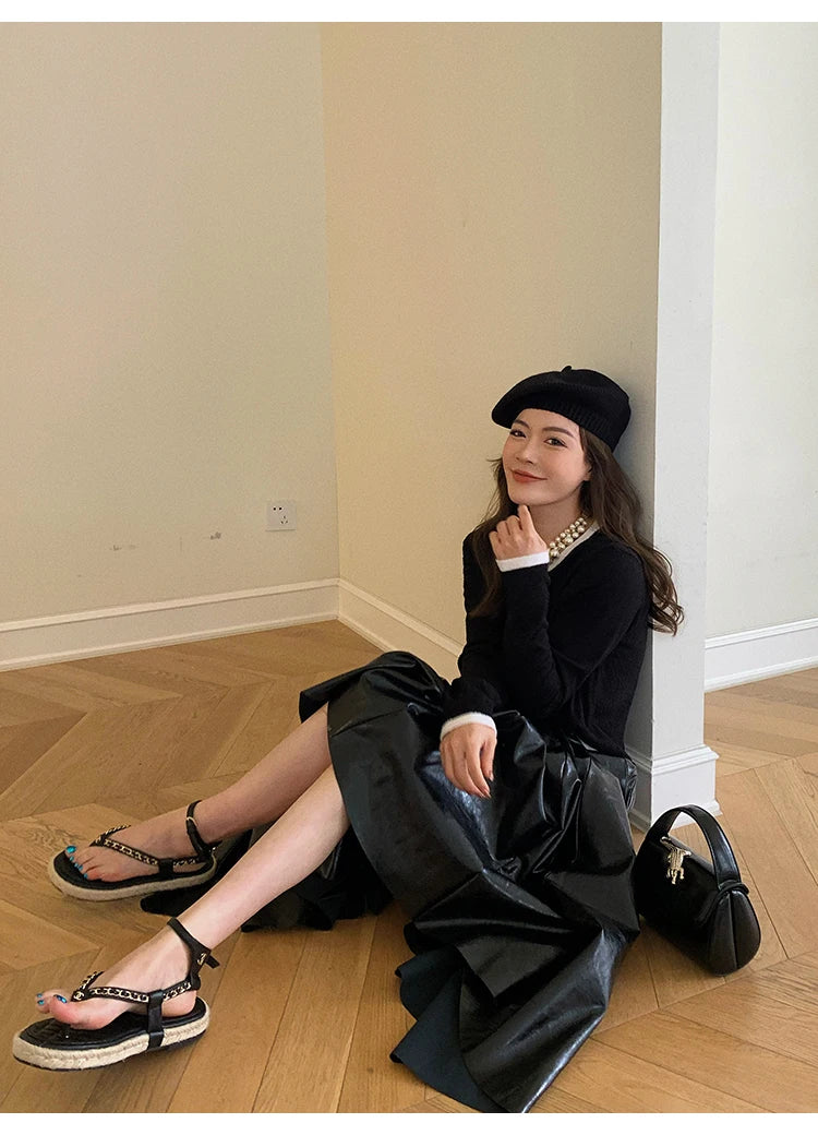 PU Leather Maxi Skirt - High Waist Pleated Black