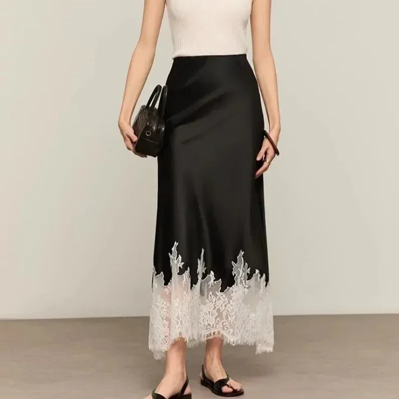 Falda Satén Encaje Ajustada Larga Mujer Elegante