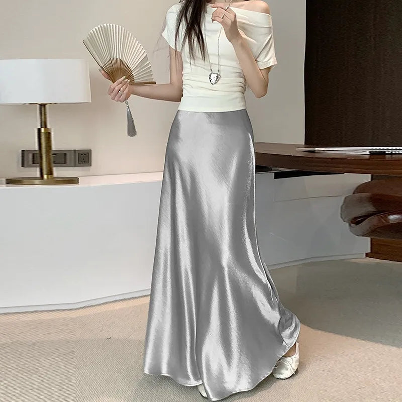 Pink Satin Midi Skirt - High Waist Fishtail Wrap