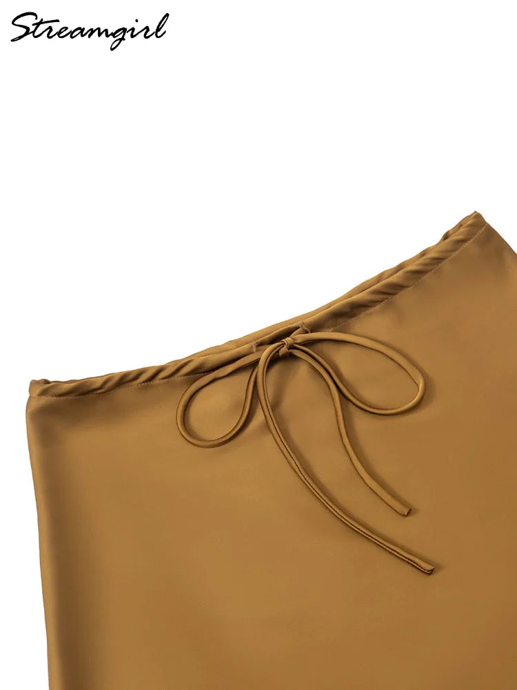 Satin Mini Skirt - Drawstring High Waist A-Line