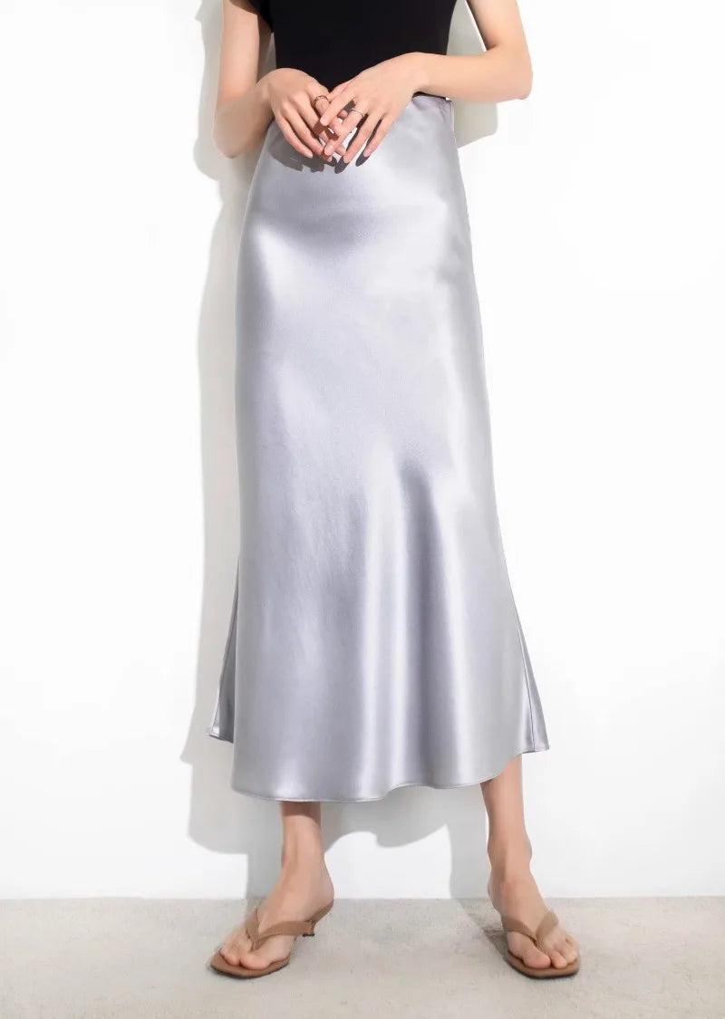 Satin Long Skirt - High Waist A-Line Black