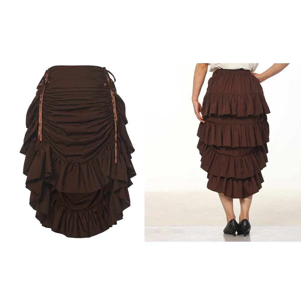 Pirate Skirt Women Renaissance Gothic Medieval Costume Drawstring High Low Skirt Victorian Steampunk Ruffles Irregular Skirts