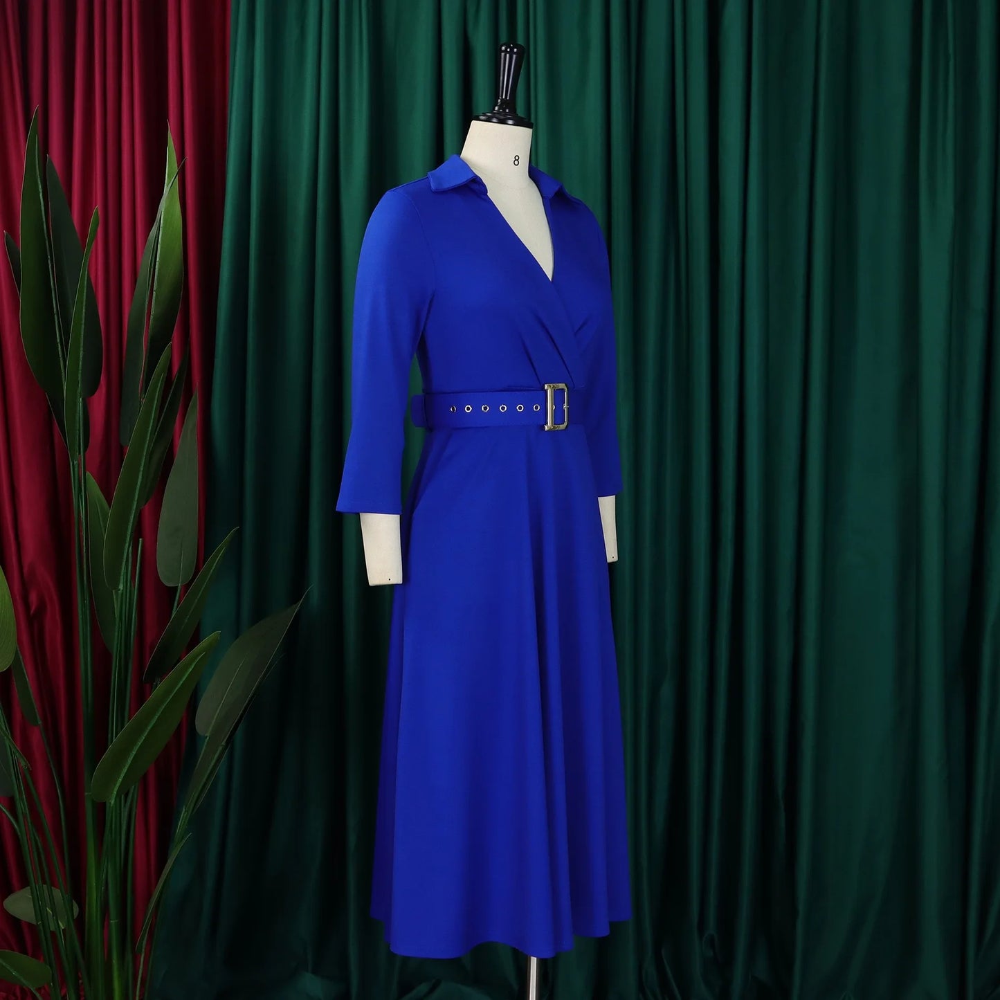 Office Dress - Turn Down Collar Belt Pleated African