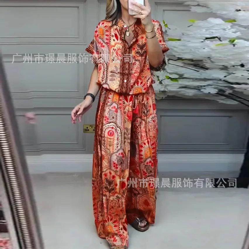 Conjunto Casual Mujer Top Estampado Pierna Ancha Suelto
