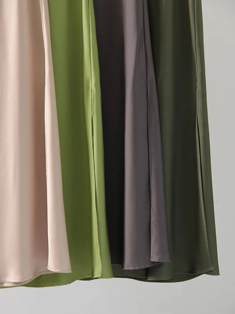 Satin Maxi Skirt - High Waist Side Slit Black