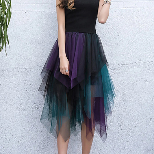 Tulle Midi Skirt - Elastic Waist Contrast Color