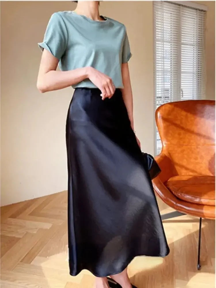 Satin Long Skirt - High Waist A-Line Black