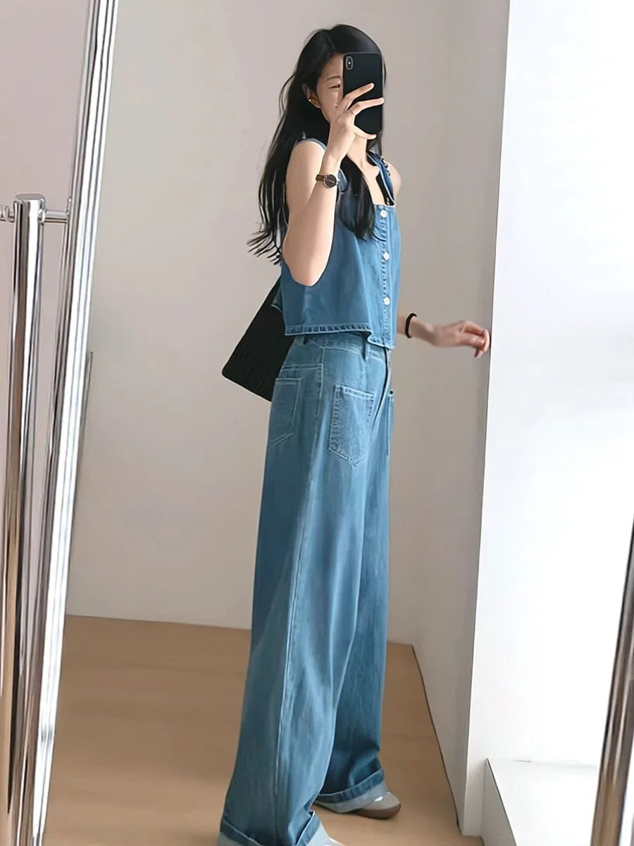 Denim Two Piece Set - Sleeveless Top & Wide Leg Pants