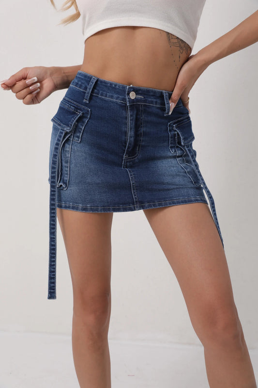 Minifalda Denim Azul Oscuro Cordón - Bolsillos Y2K Street