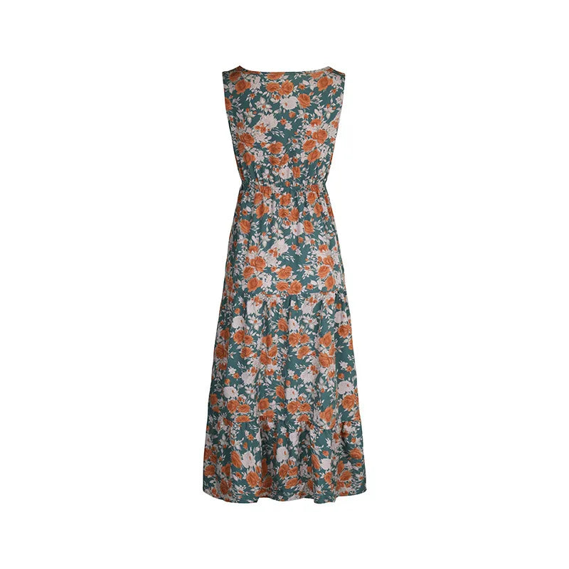 Vestido Largo Casual Floral Escote V Sin Mangas Mujer