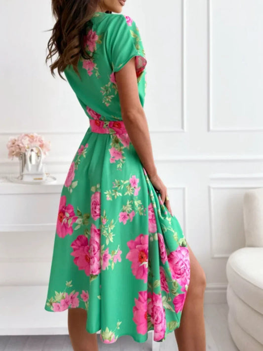 Summer Women's Fashion Flower Print Short Sleeved Dress Elegant V-neck Button Belt Leisure Vacation Dress