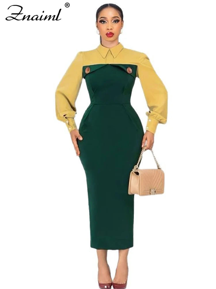 Pencil Midi Dress - Green Patchwork Button Office