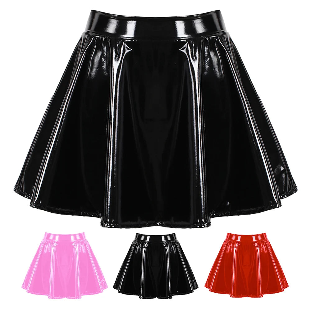 Women's Sexy Glossy Patent Leather Flared Miniskirt Dance-Performance Hot Pleated Skirt A-Line Skirt Clubwear Cosplay Costume