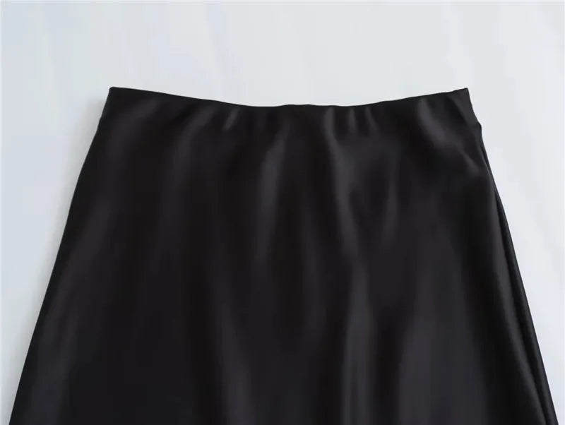 Falda Midi Satén Mujer Cintura Alta Elegante Oficina
