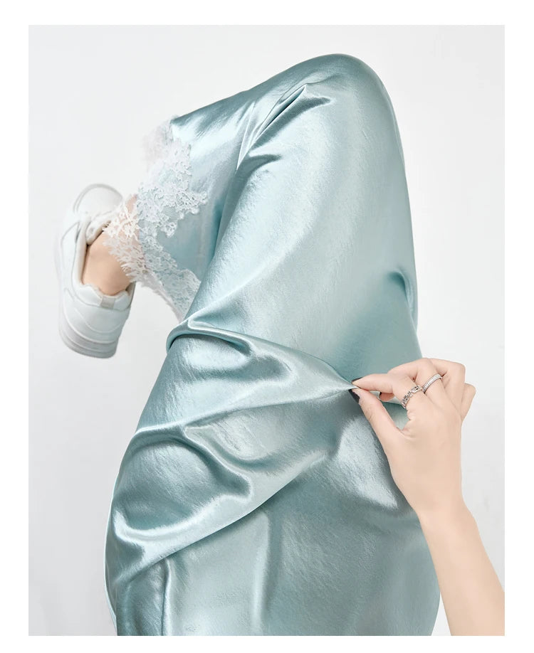 Satin Maxi Skirt - High Waist Side Slit Black