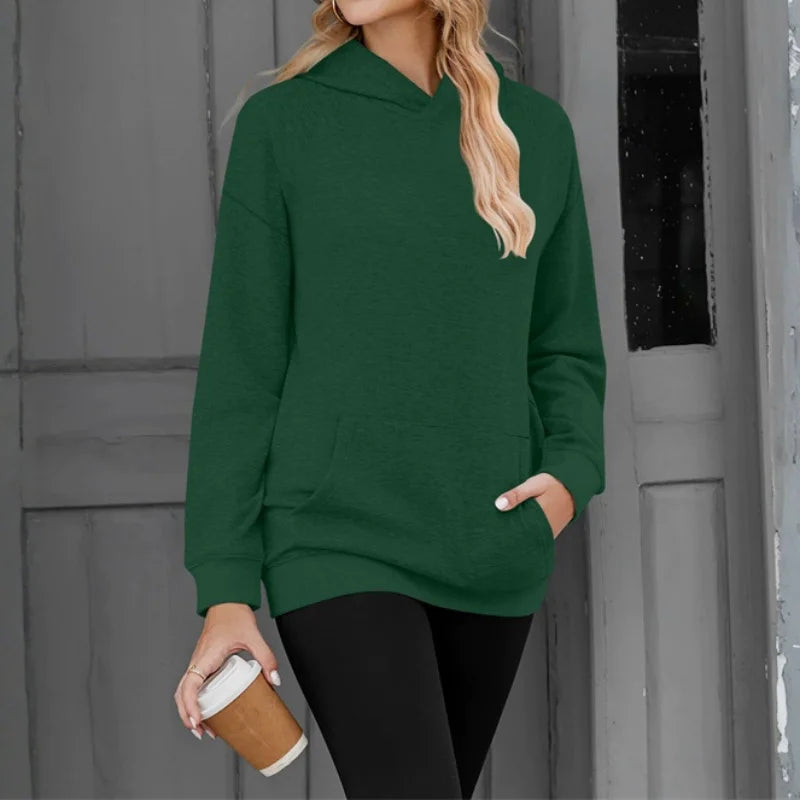 Polerón Mujer Capucha Manga Caída Color Sólido Bolsillos