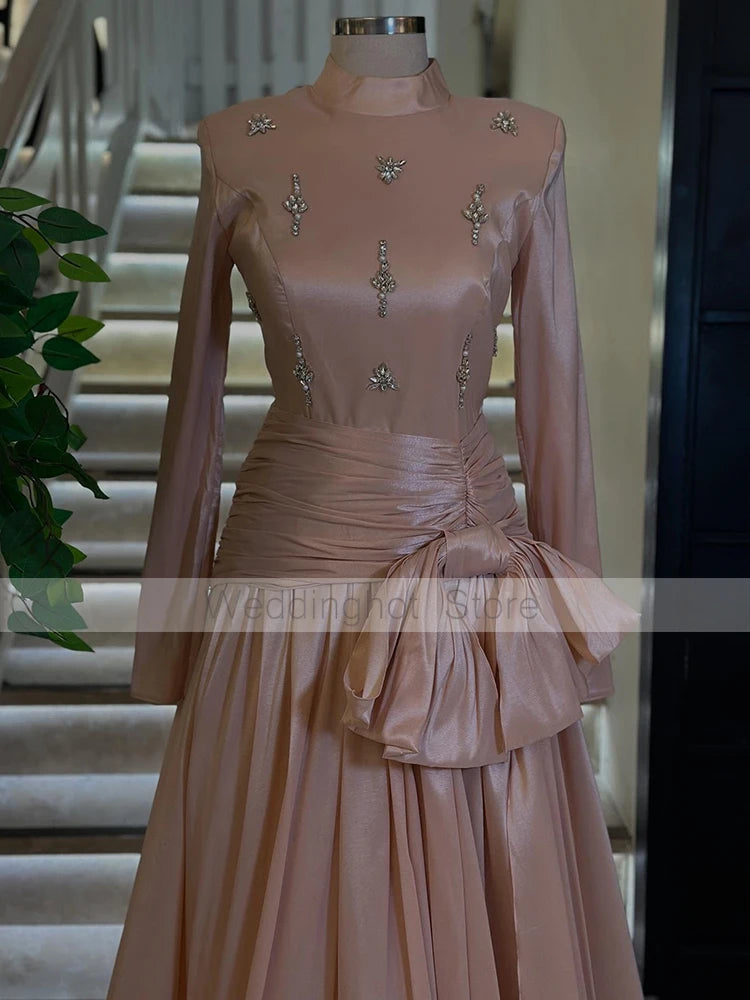 Party Dress - High Collar Crystal Bow A-Line