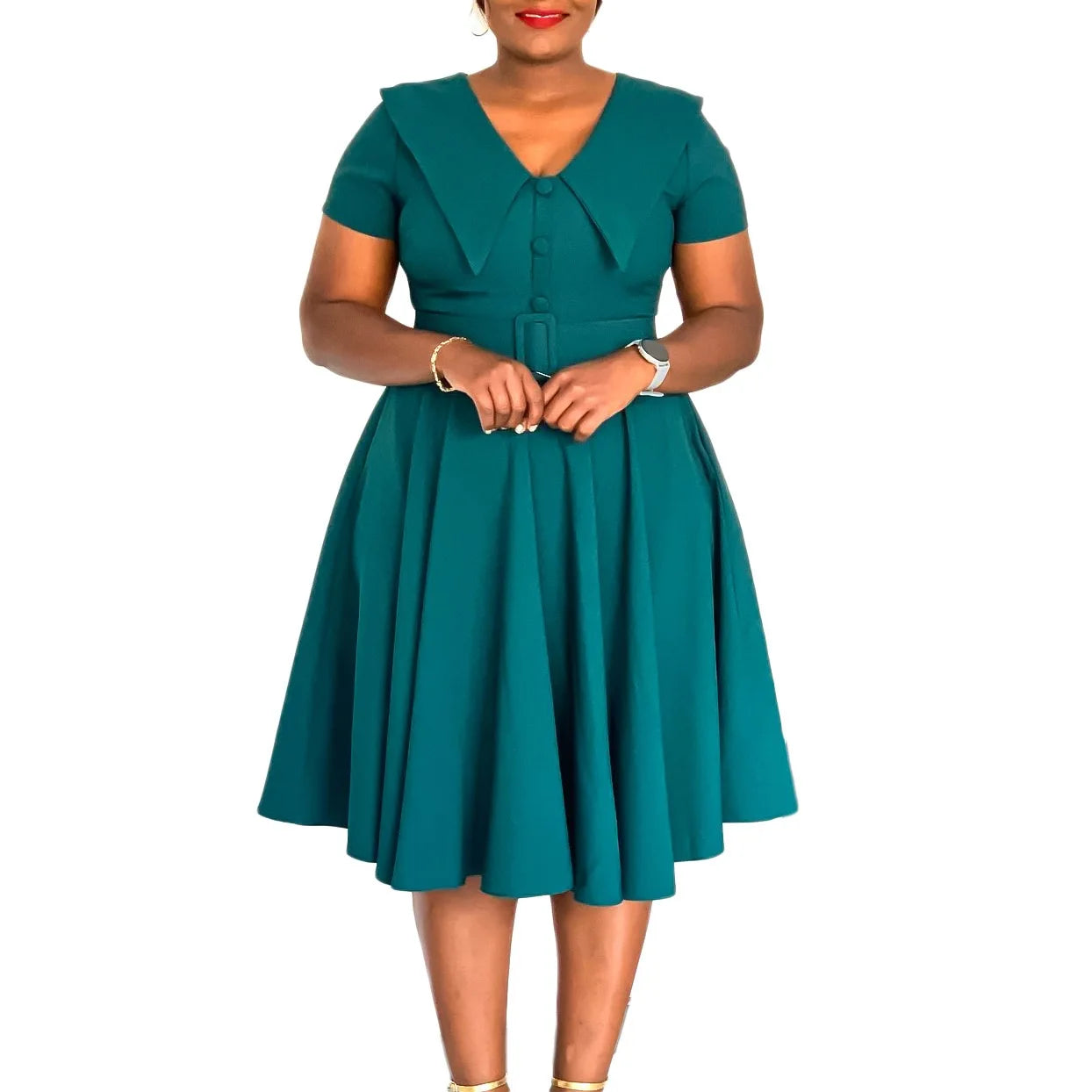 Office Dress - Turn Down Collar Pleated Midi