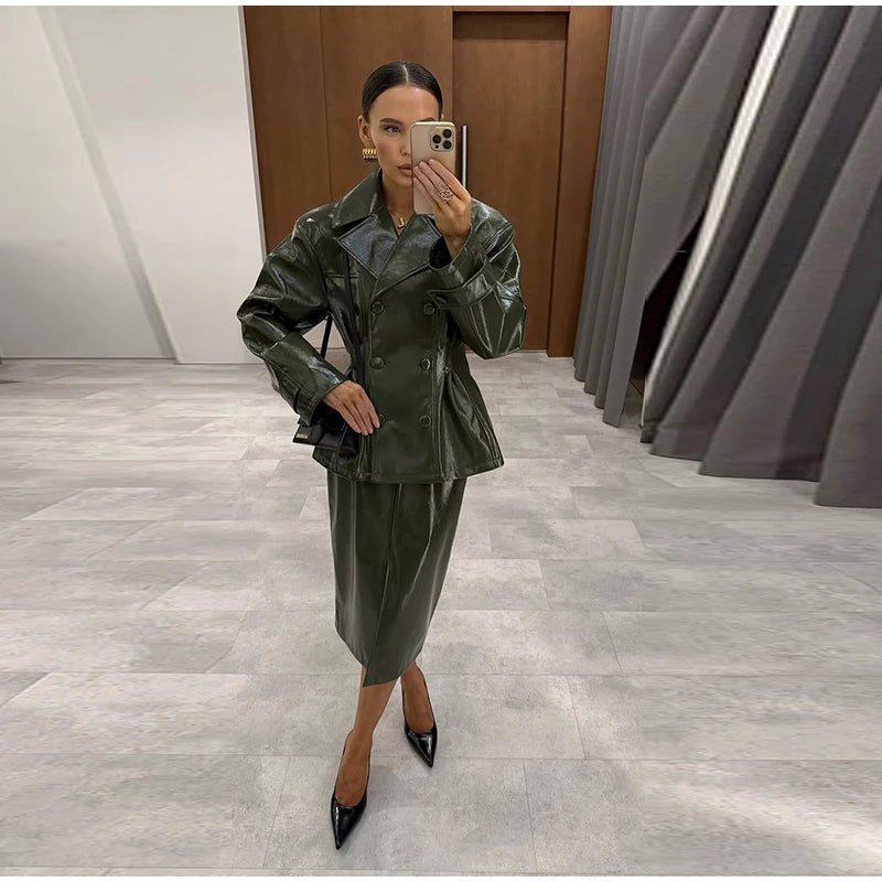 Two Piece Set - Leather Jacket & Mini Skirt