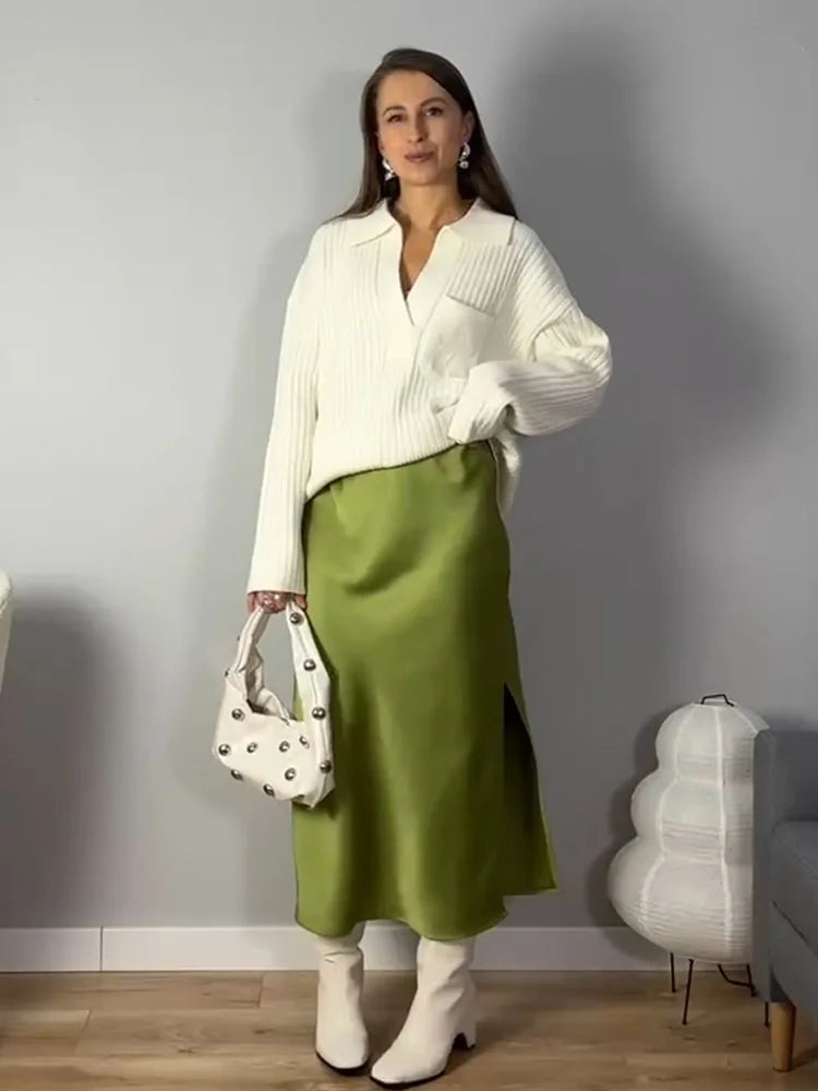 Satin Midi Skirt - A-Line Side Slit