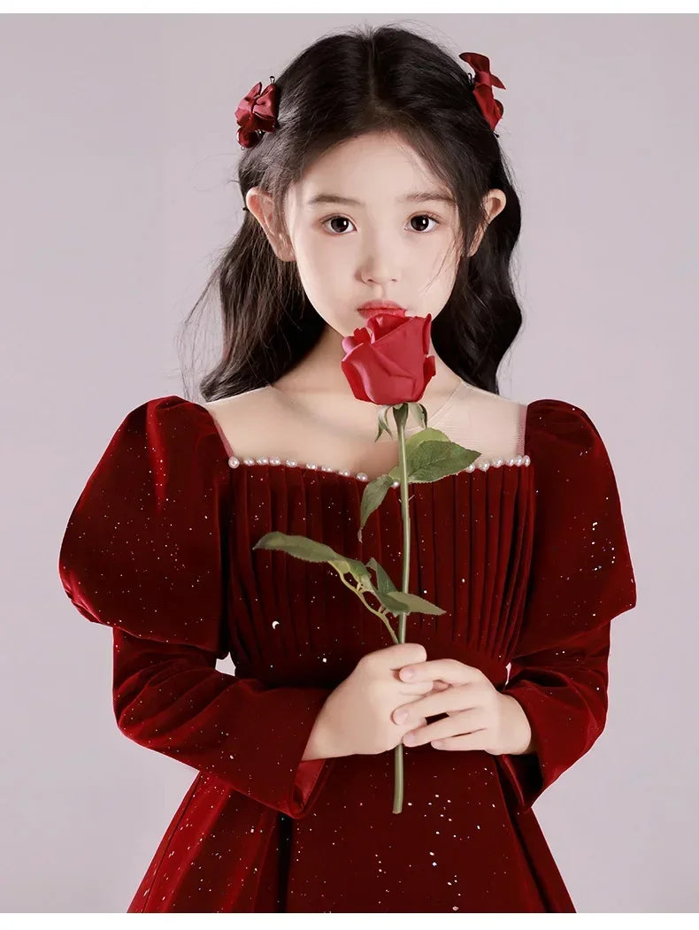 Vestido Fiesta Niña Lentejuelas Rojo Vino Manga Puff