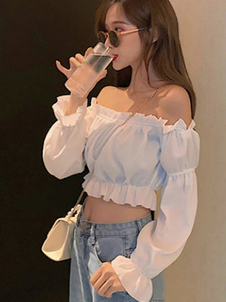 Blusa Crop Top Hombro Descubierto Manga Puff Volantes
