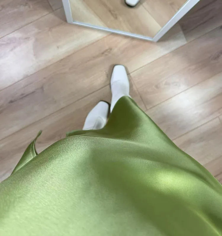 Satin Midi Skirt - A-Line Side Slit