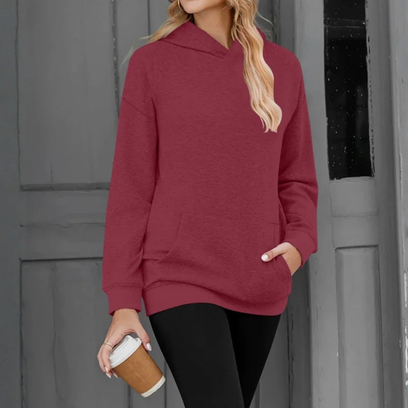 Polerón Mujer Capucha Manga Caída Color Sólido Bolsillos