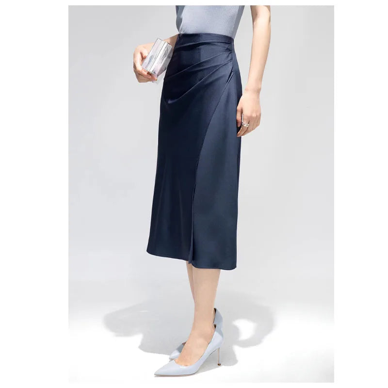 Satin Pleated Midi Skirt - French Simple